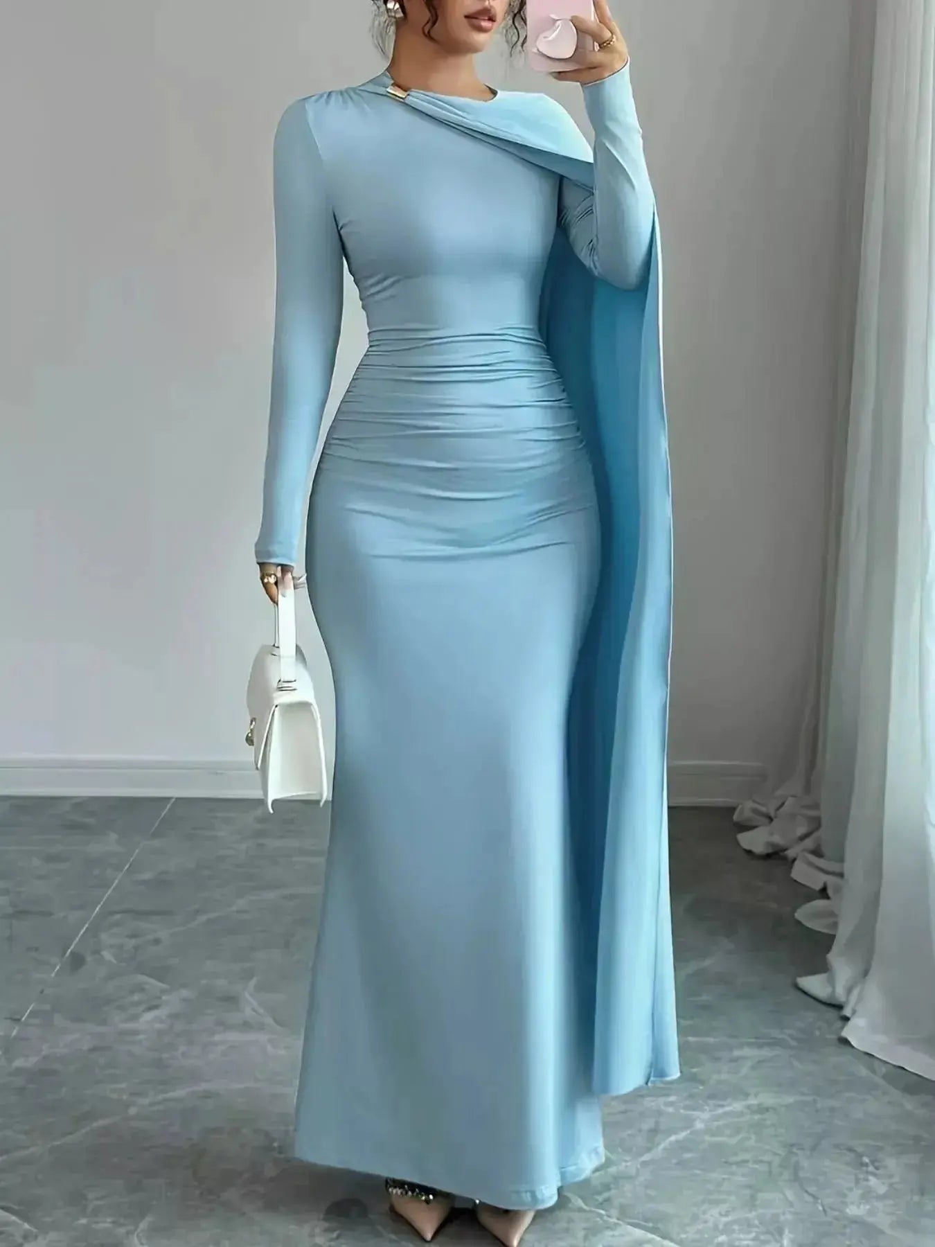 Ruched Long Sleeve Maxi Dress - DaisyDrop 