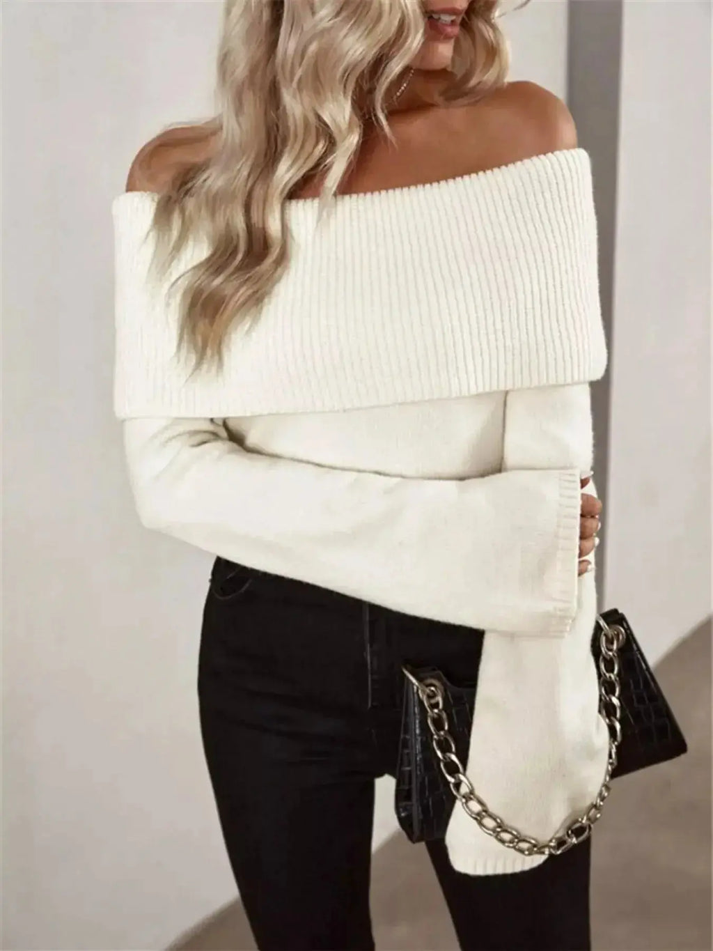Off-Shoulder Ribbed Knit Sweater - DaisyDrop 