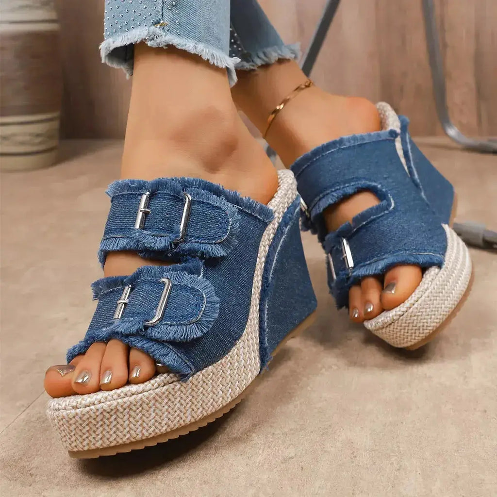 Double Buckle Wedge Sandals - DaisyDrop 