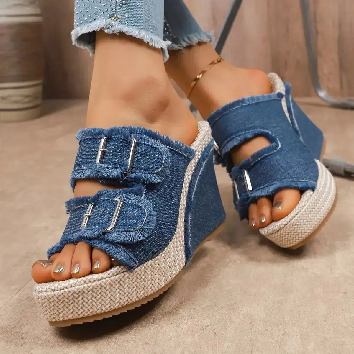Double Buckle Wedge Sandals - DaisyDrop 