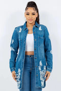 American Bazi Distressed Button Up Long Sleeve Denim Jacket - DaisyDrop 