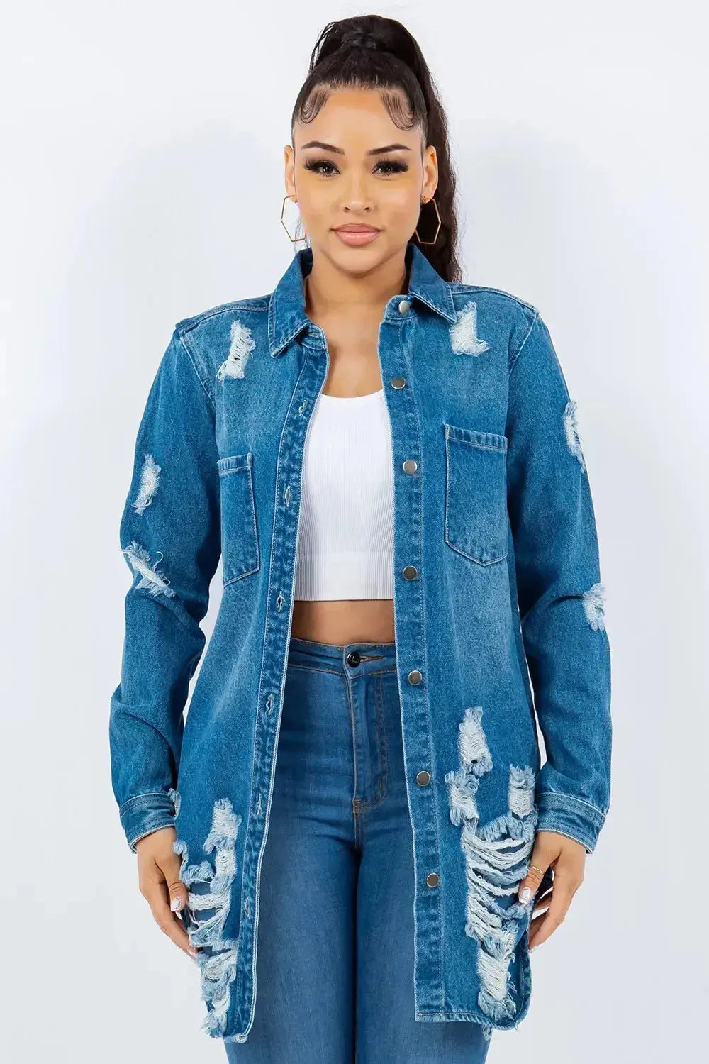 American Bazi Distressed Button Up Long Sleeve Denim Jacket - DaisyDrop 
