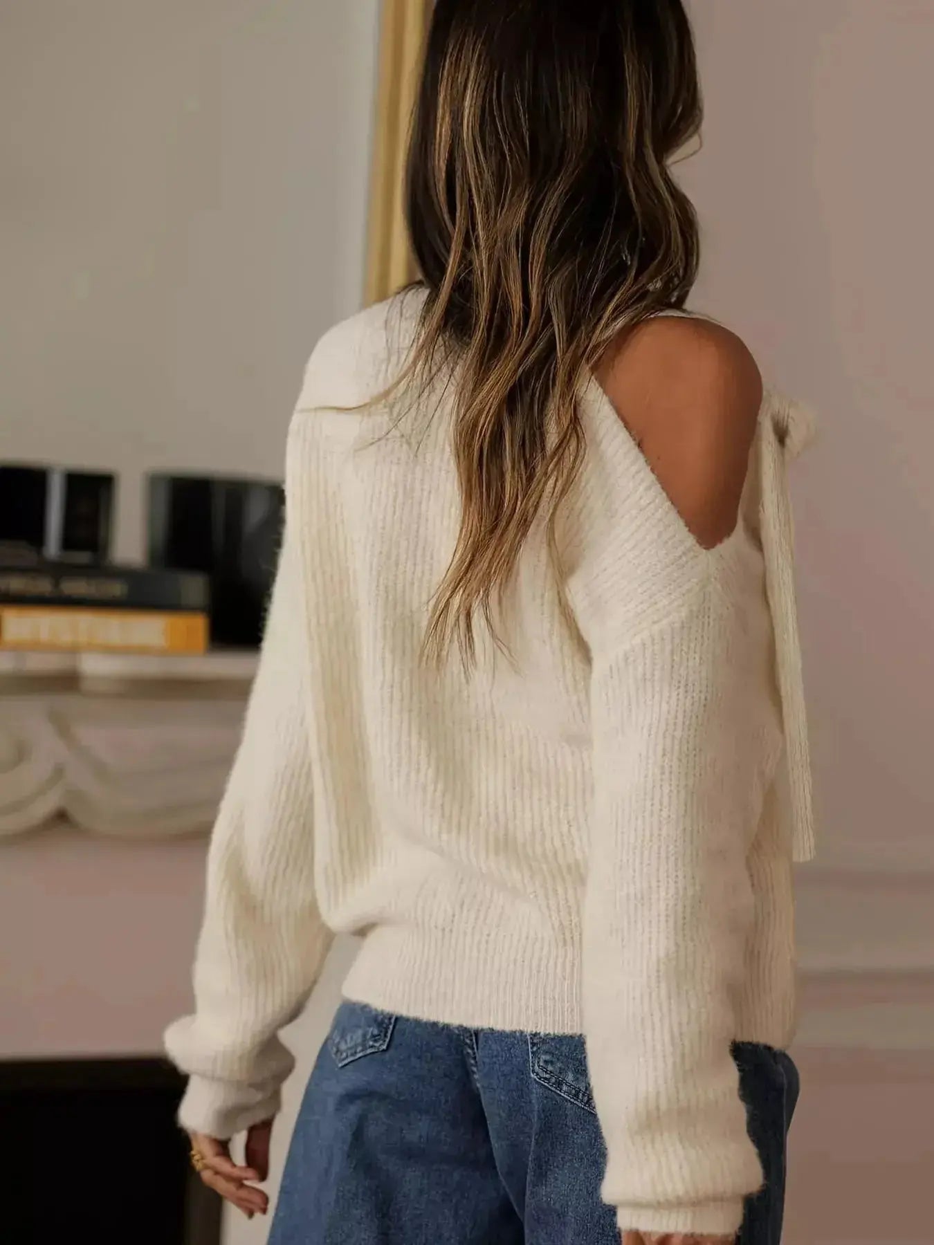 Bow-Accent One-Shoulder Sweater - DaisyDrop 