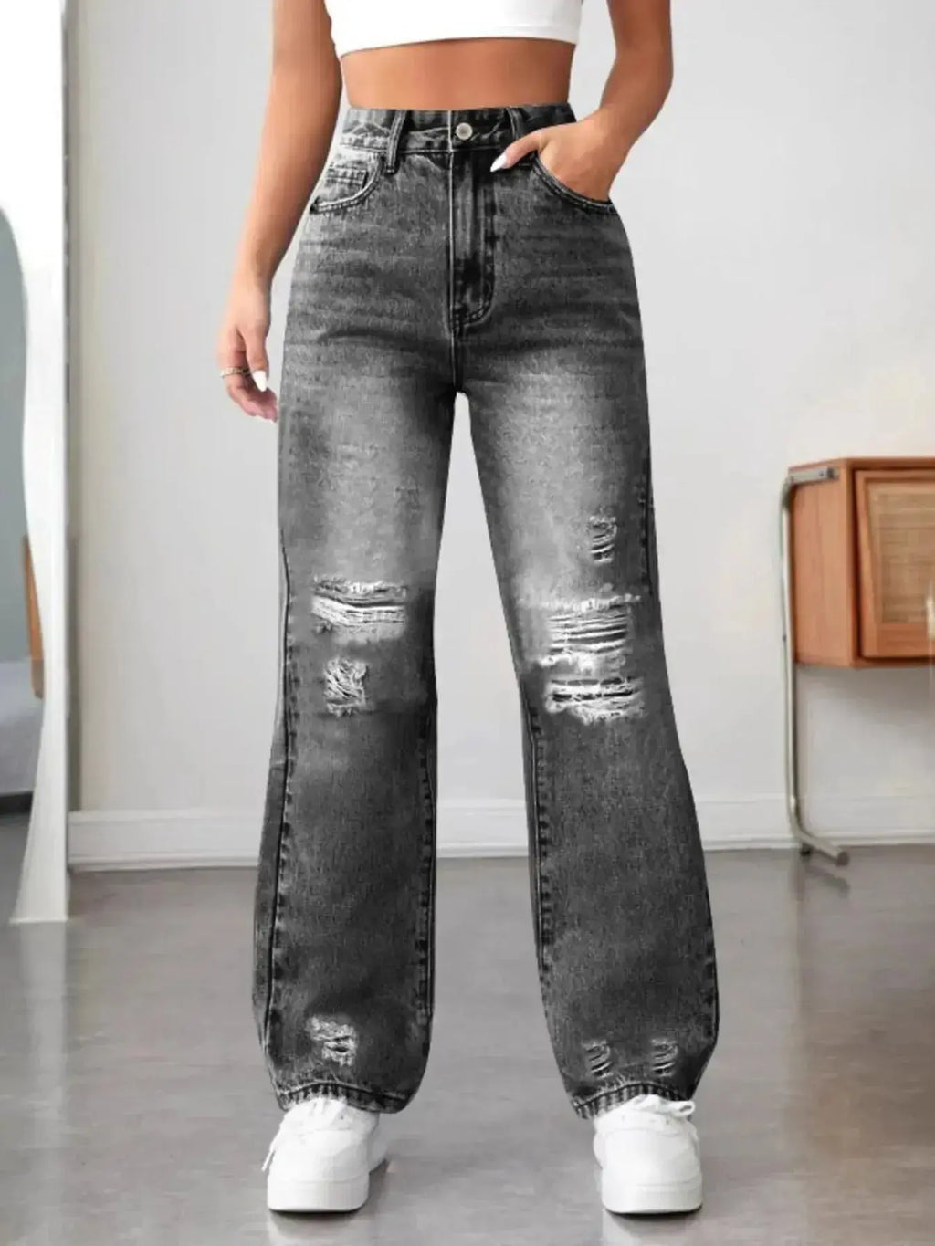 Distressed High Waisted Jeans - DaisyDrop 