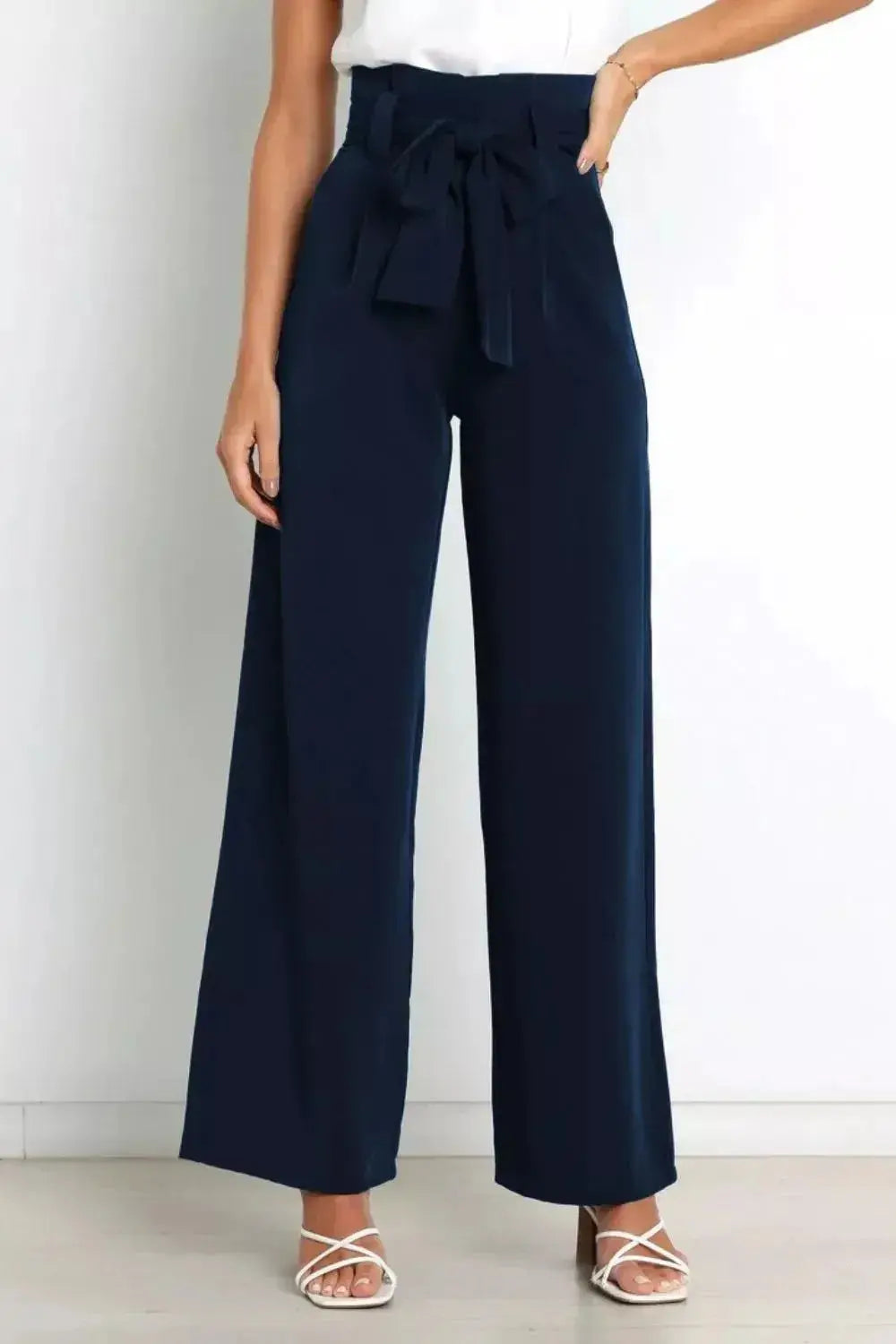 High Waist Tie Front Wide Leg Pants - DaisyDrop 