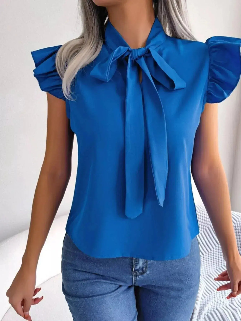 Bow Tie Ruffle Sleeve Blouse - DaisyDrop 