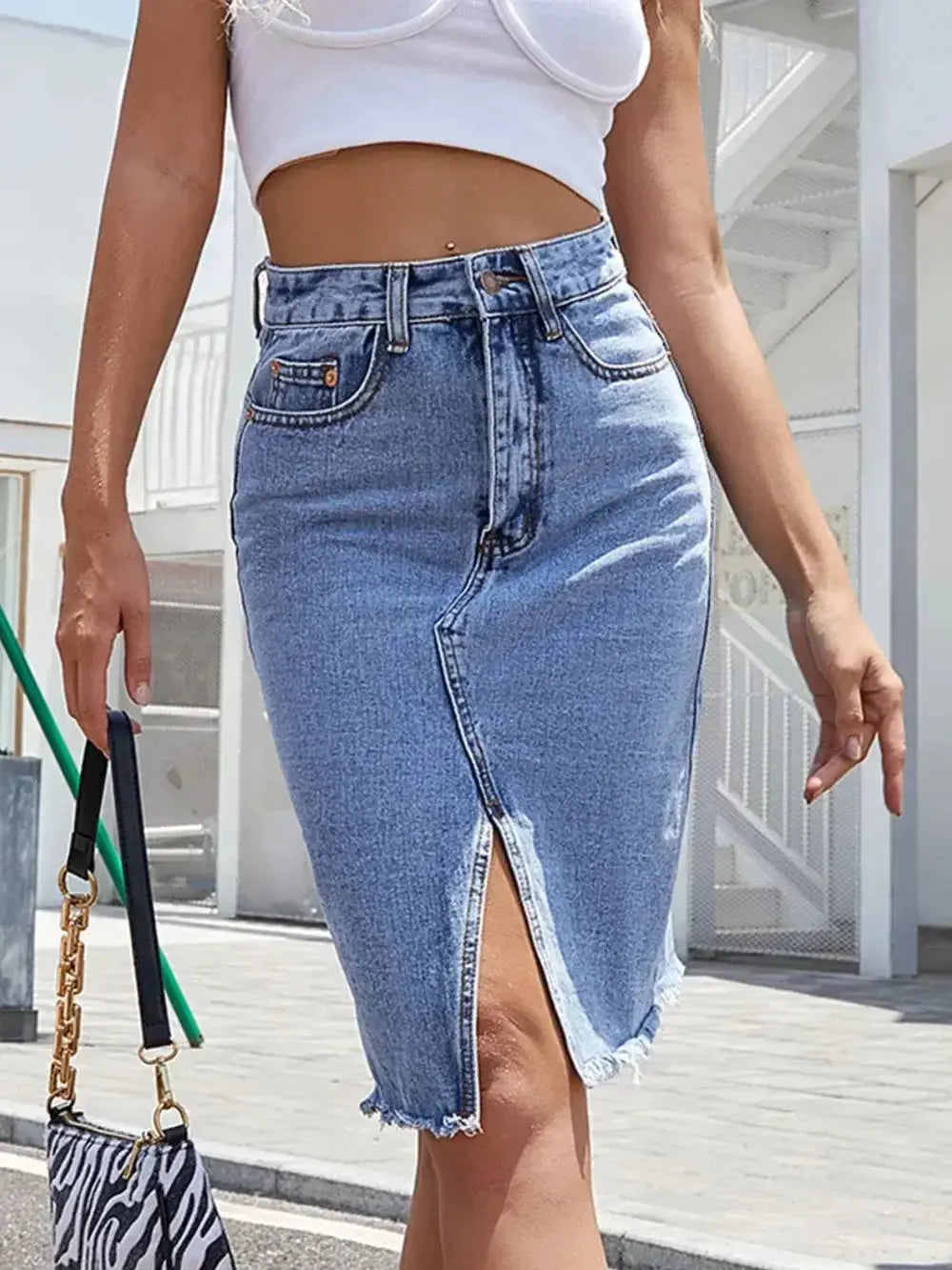 Raw Hem Slit Denim Skirt - DaisyDrop 