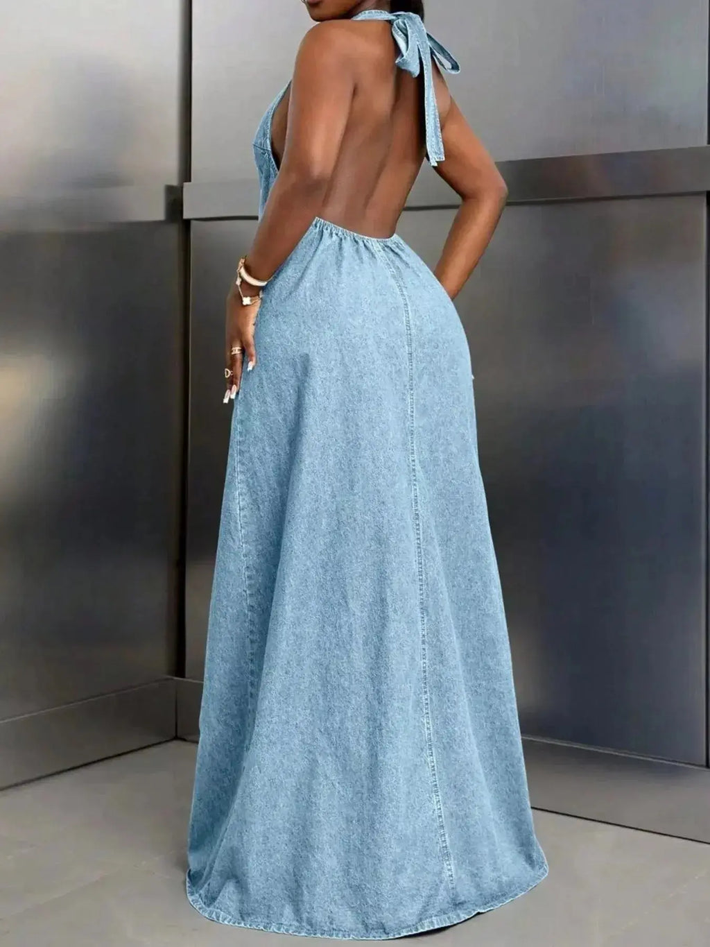 Backless Halter Neck Maxi Denim Dress - DaisyDrop 