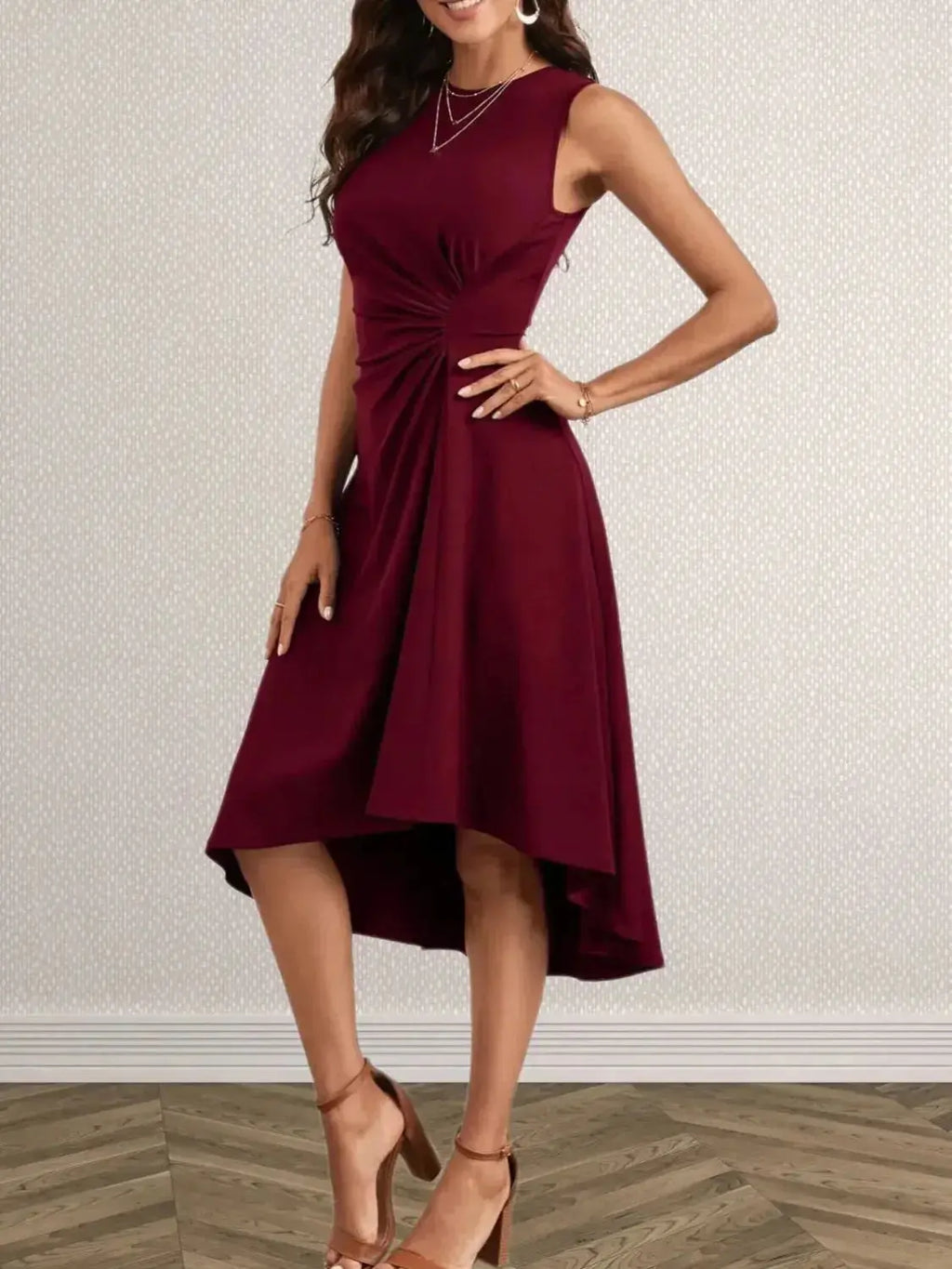Ruched Round Neck Sleeveless Dress - DaisyDrop 