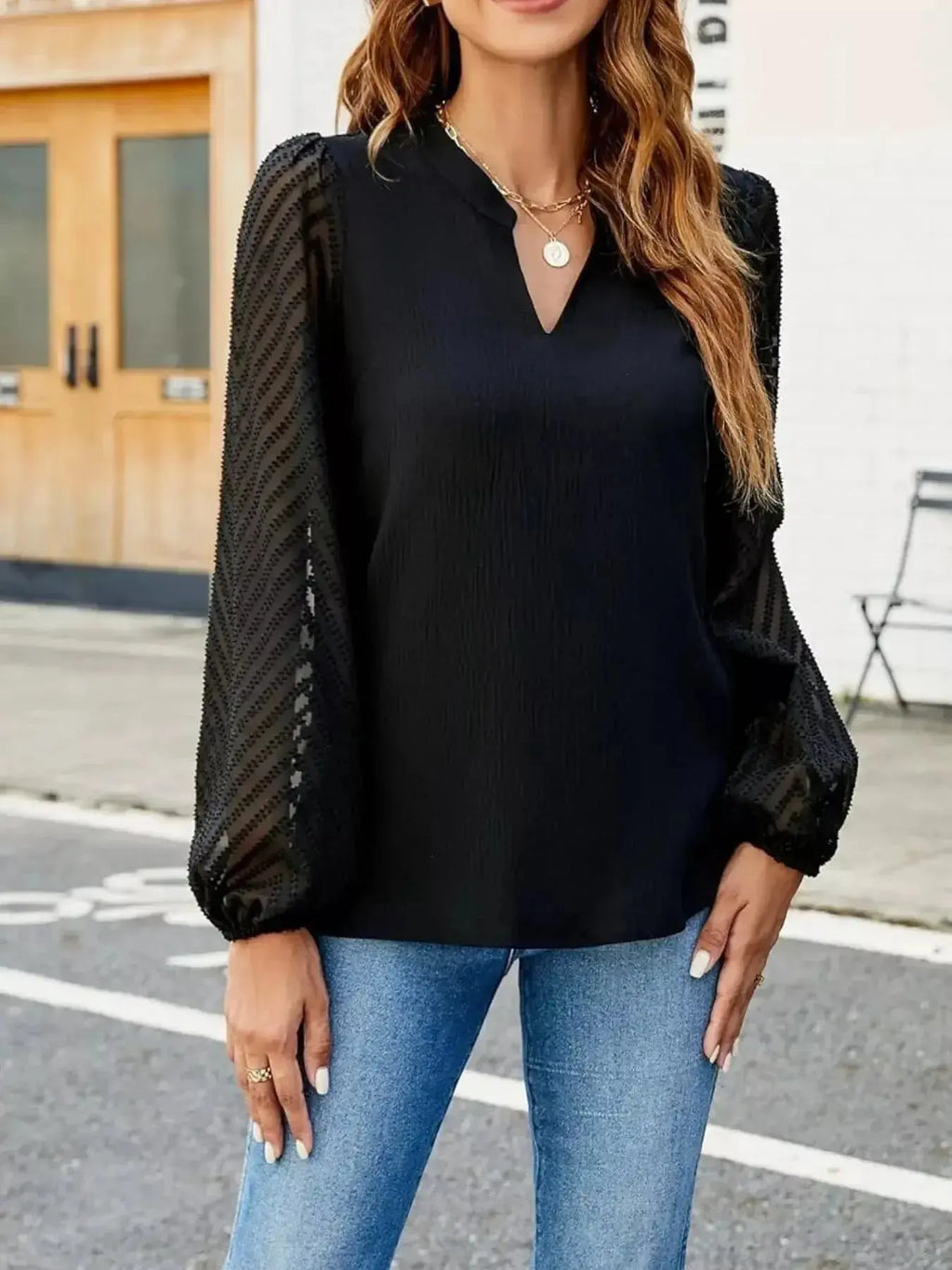 Notched Balloon Sleeve Blouse - DaisyDrop 