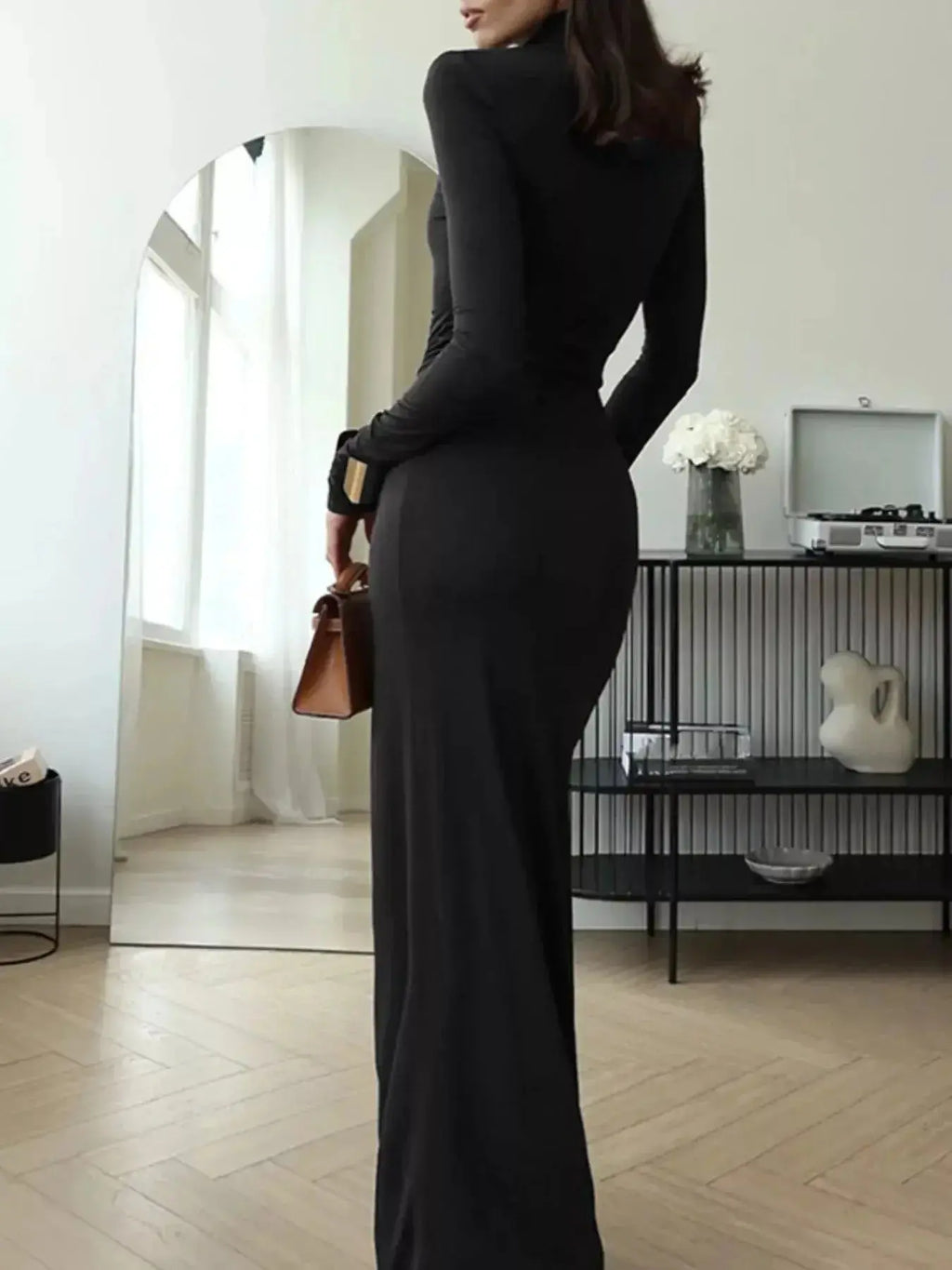 Turtleneck Long Sleeve Slit Maxi Dress - DaisyDrop 