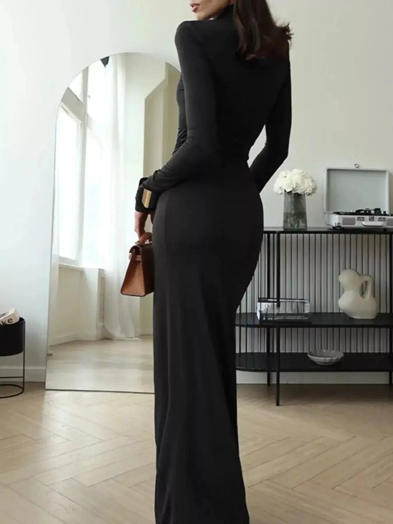 Turtleneck Long Sleeve Slit Maxi Dress - DaisyDrop 