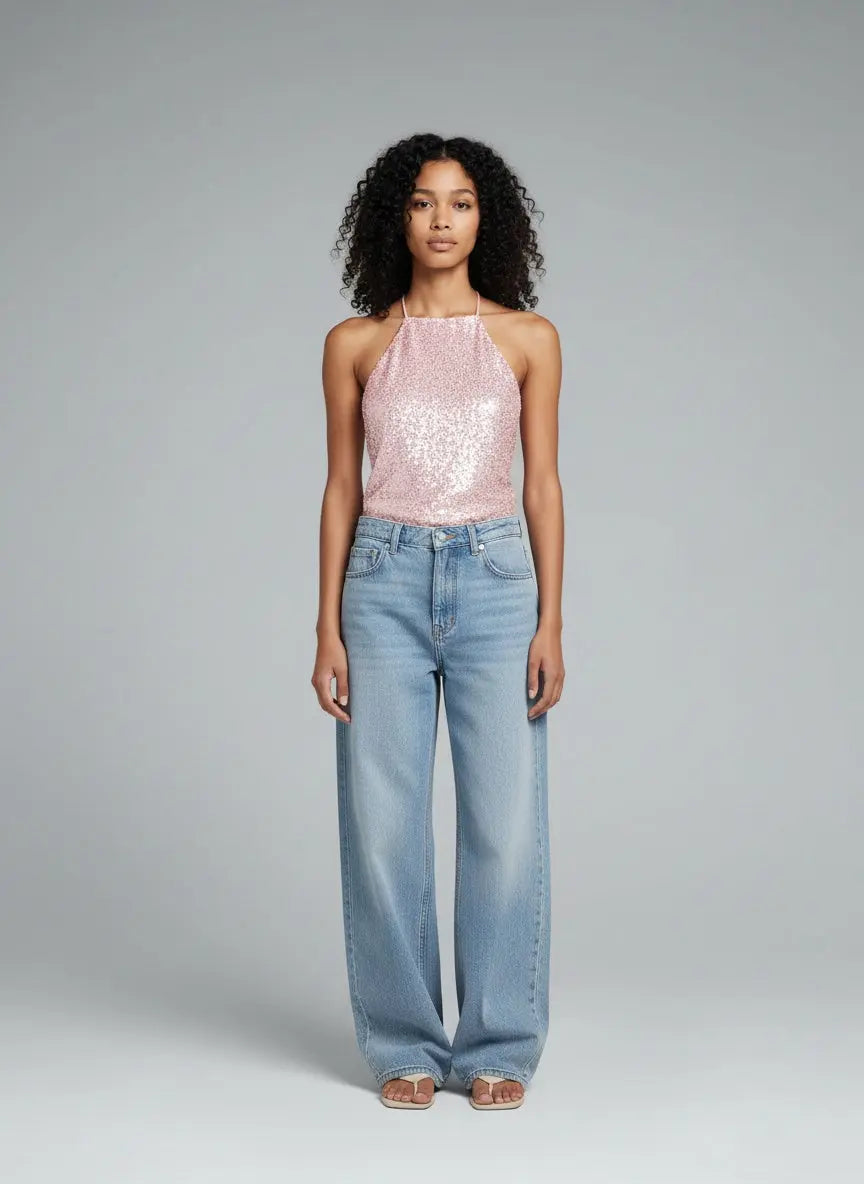 Full body view of the model wearing Sequin Halter Neck Cami