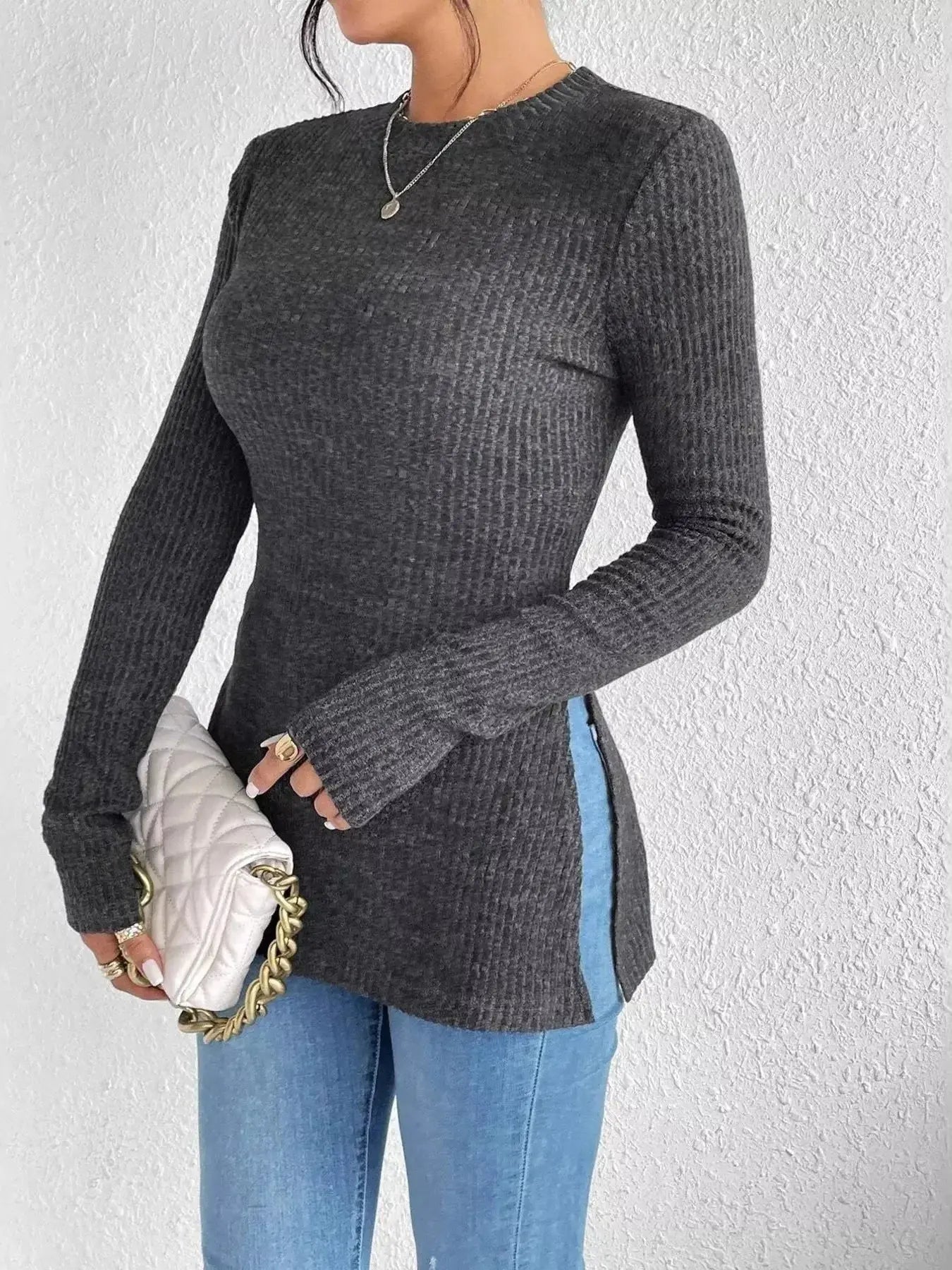 Slit Round Neck Long Sleeve T-Shirt - DaisyDrop 