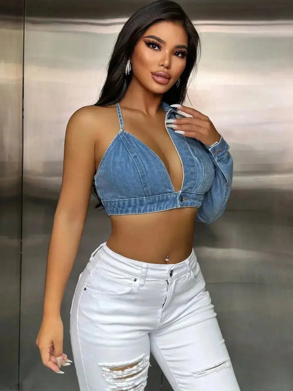 One Shoulder Long Sleeve Cropped Denim Top - DaisyDrop 