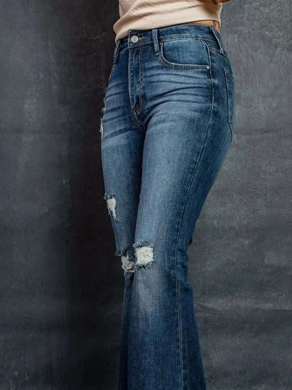 Distressed High-Waisted Flare Jeans - DaisyDrop 