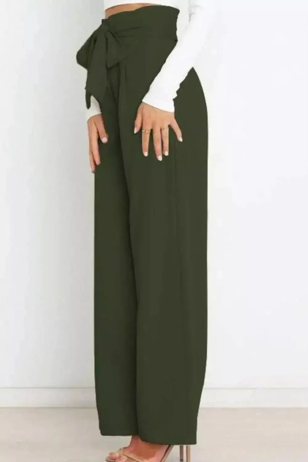 High Waist Tie Front Wide Leg Pants - DaisyDrop 