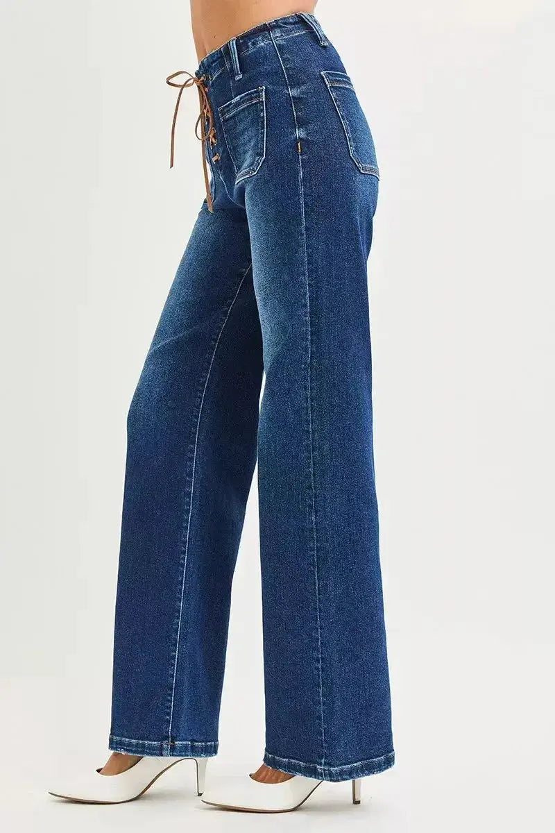 RISEN Full Size High Rise Wide Leg Jeans with Front Tie Detail Plus Size - DaisyDrop 