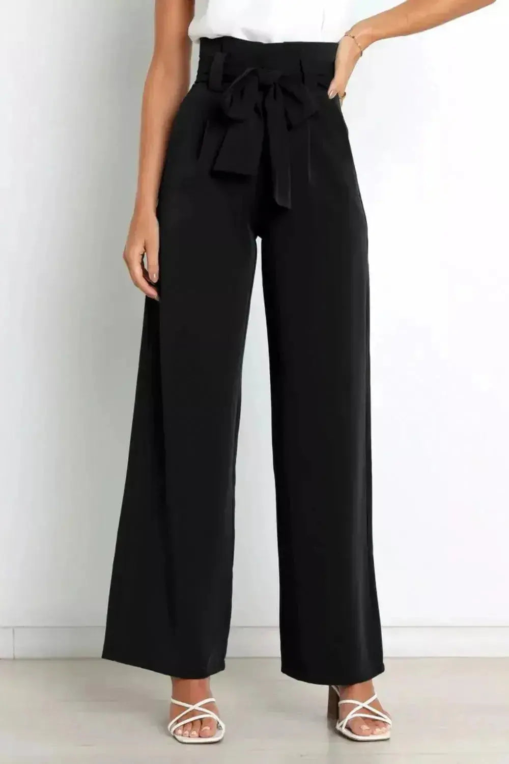 High Waist Tie Front Wide Leg Pants - DaisyDrop 