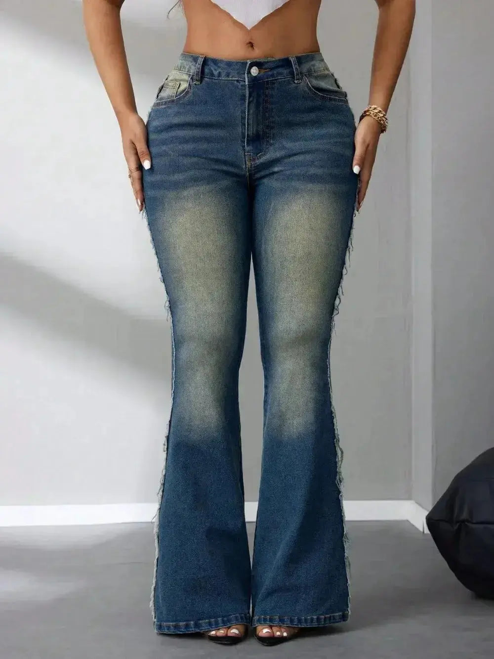 Side Raw Hem Flare Jeans - DaisyDrop 