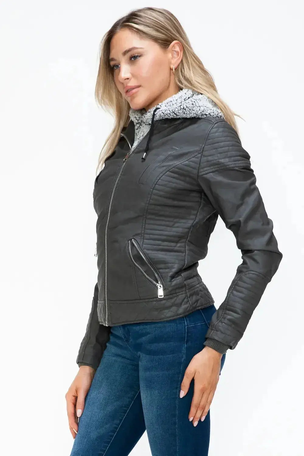 YMI Faux Layered Double-Zipper Jacket with Fuzzy Hood - DaisyDrop 