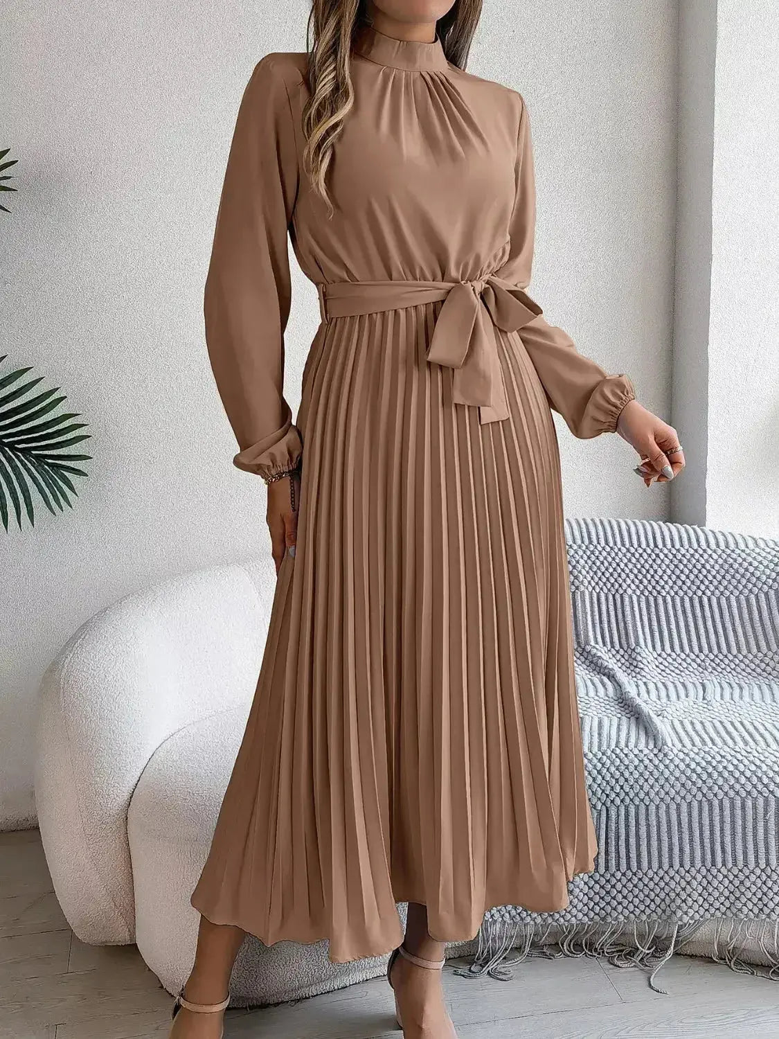Mock Neck Pleated Midi Dress - DaisyDrop 