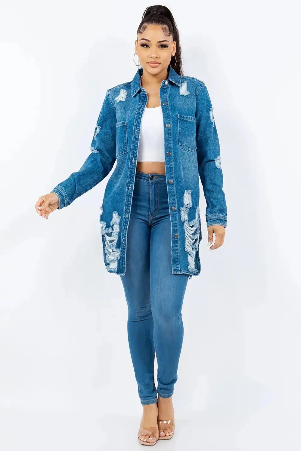 American Bazi Distressed Button Up Long Sleeve Denim Jacket - DaisyDrop 