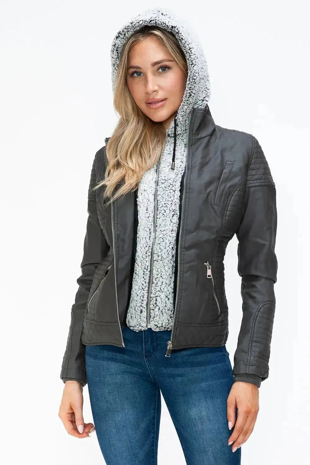 YMI Faux Layered Double-Zipper Jacket with Fuzzy Hood - DaisyDrop 