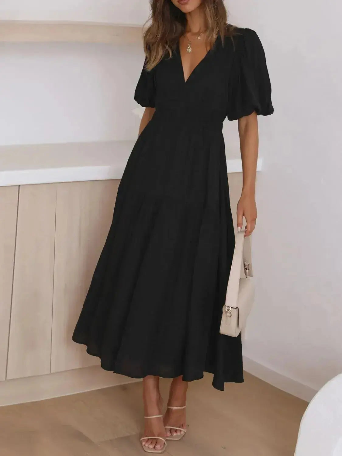 V-Neck Puff Sleeve Midi Dress - DaisyDrop 