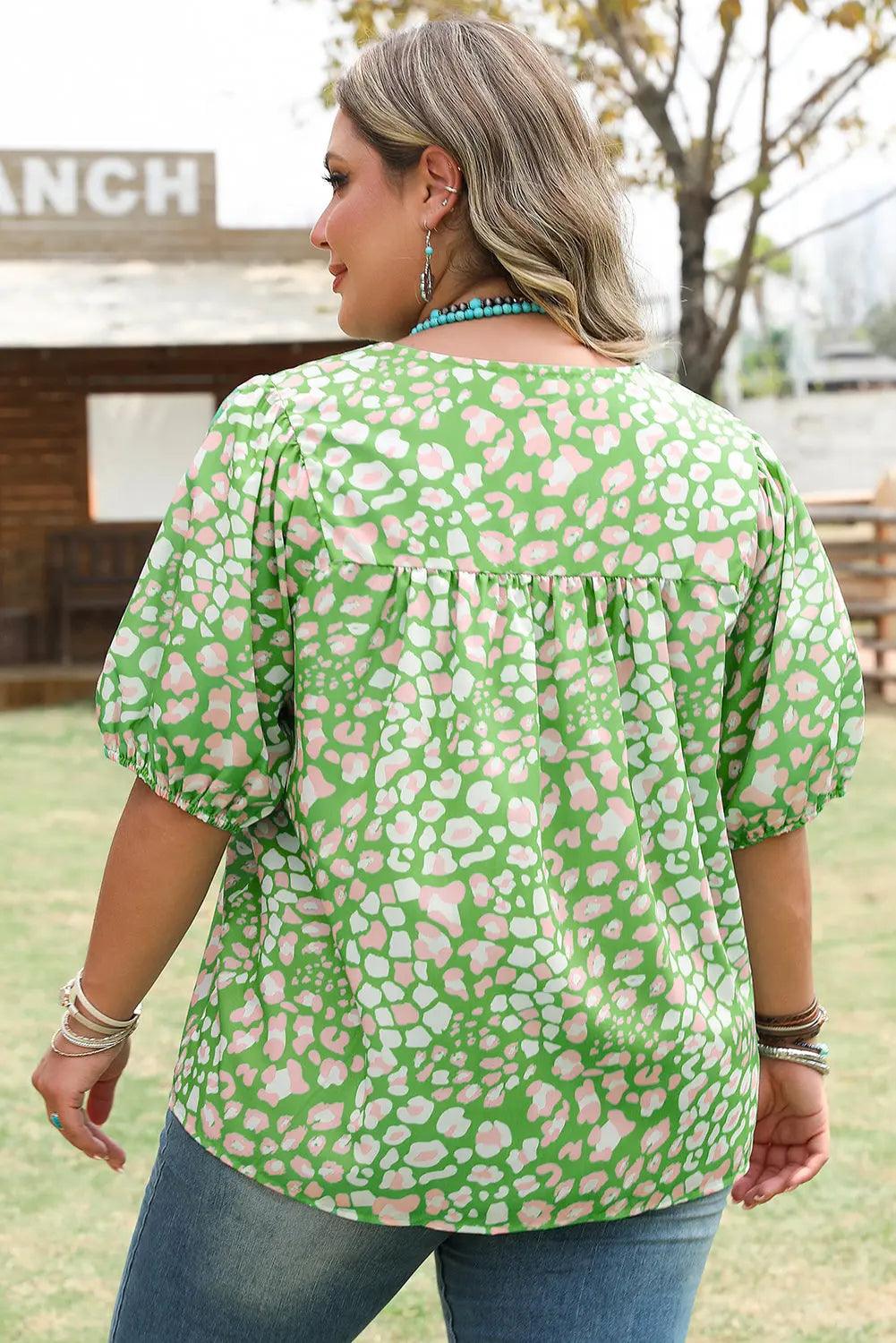 Selena Plus Size Floral Tassel Tie Blouse Threaded Pear
