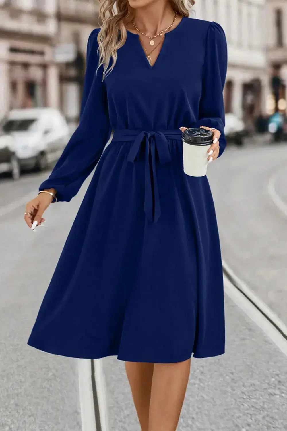 Tie Waist Notched Neck Long Sleeve Dress - DaisyDrop 