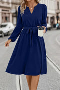 Tie Waist Notched Neck Long Sleeve Dress - DaisyDrop 