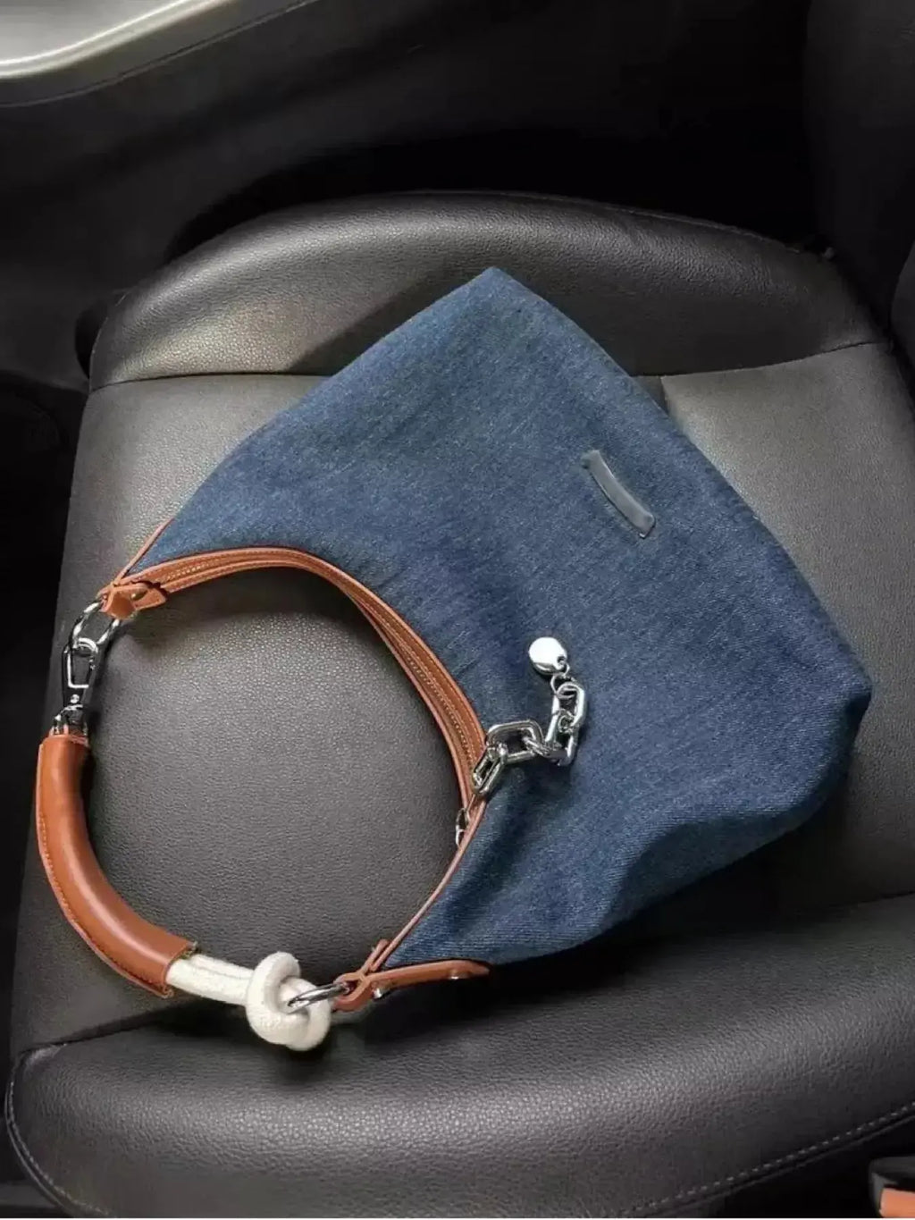 Denim Shoulder Bag with Leather Handle - DaisyDrop 