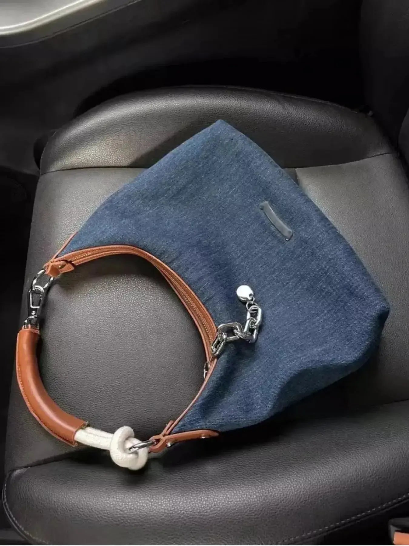 Denim Shoulder Bag with Leather Handle - DaisyDrop 