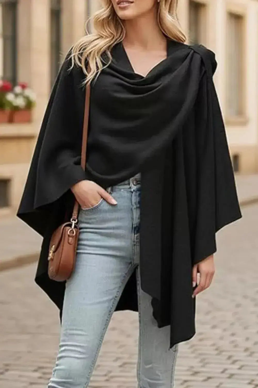 Draped Knitted Split Cape Shawl with Strap - DaisyDrop 