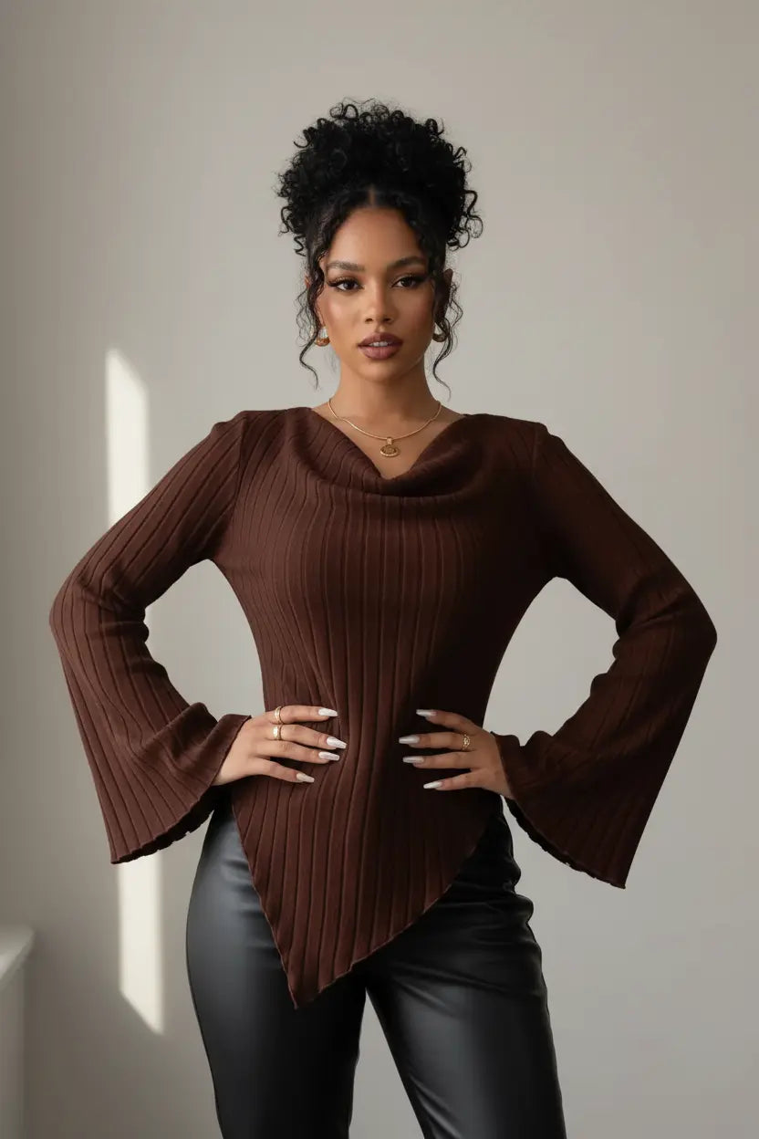 Cowl Neck Ribbed Knit Top - Black Woman Model