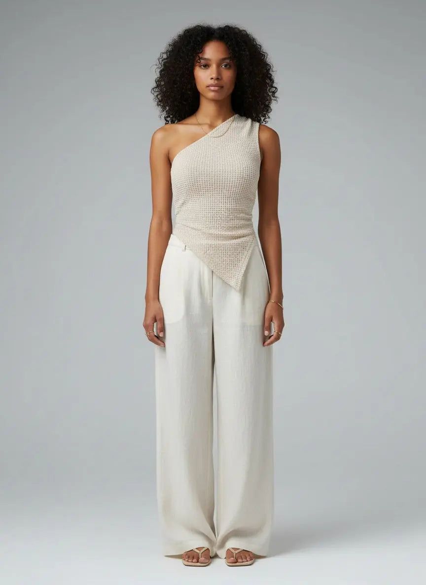 Full body view of the model wearing Textured Waffle Knit One-Shoulder Tank