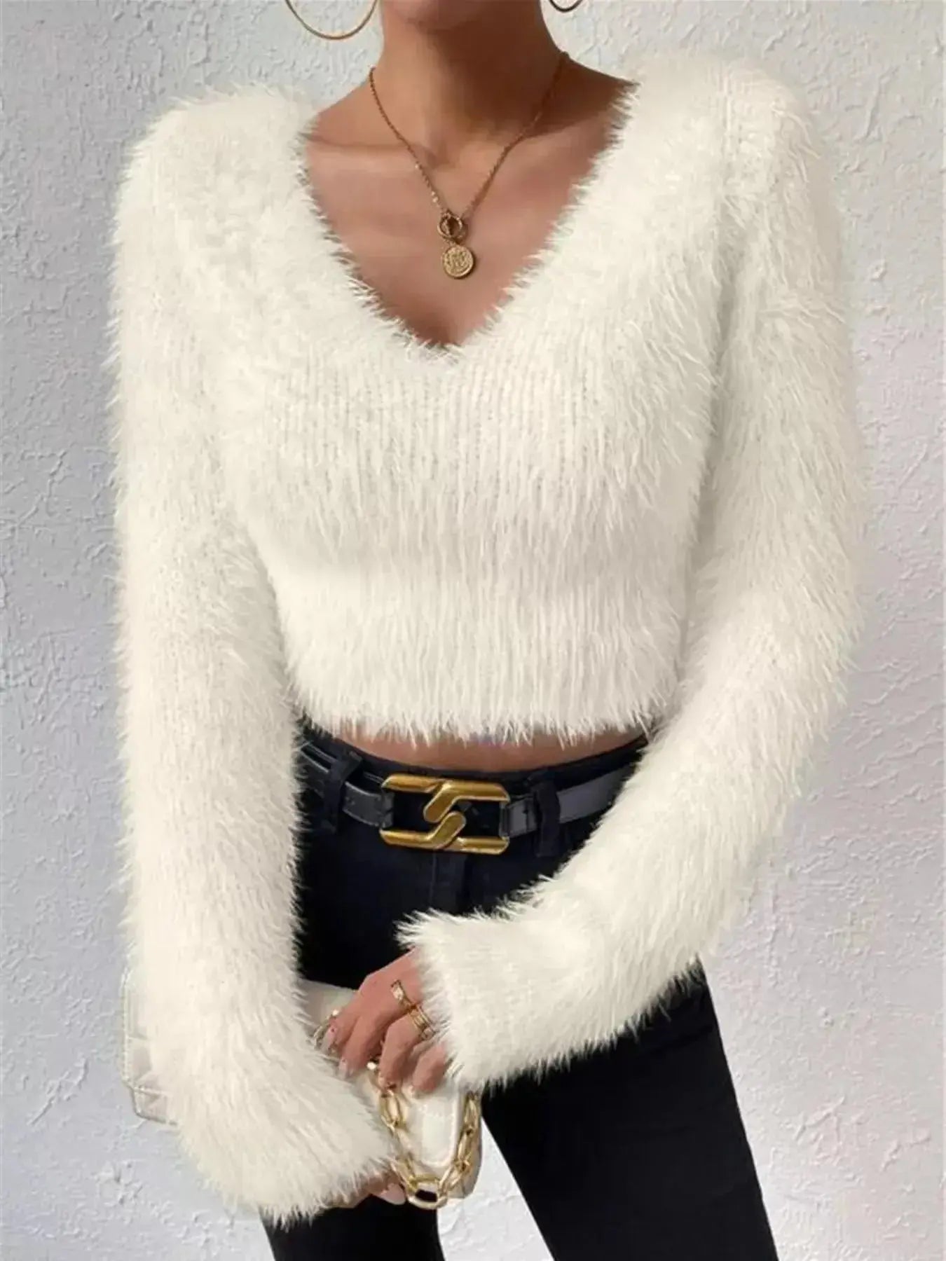 Fluffy Knit V-Neck Sweater - DaisyDrop 