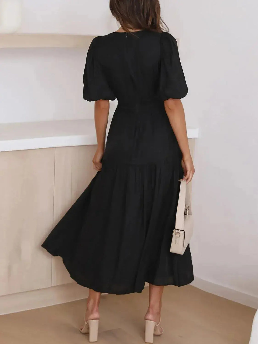 V-Neck Puff Sleeve Midi Dress - DaisyDrop 