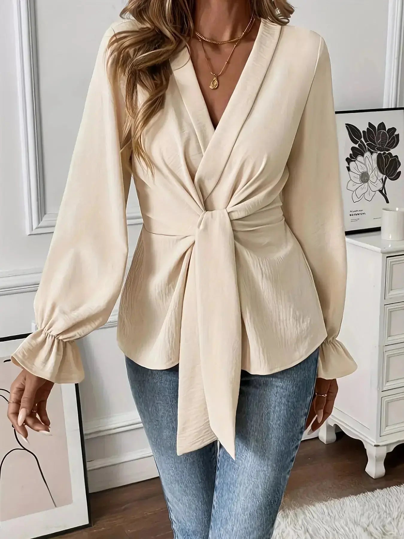 Knot Front Flounce Sleeve Blouse - DaisyDrop 