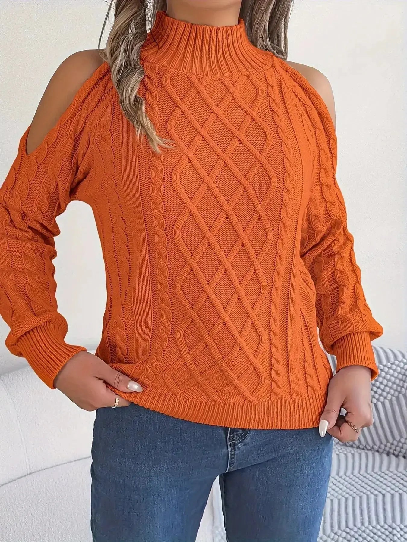 Cable Knit Cold Shoulder Turtleneck Sweater - DaisyDrop 