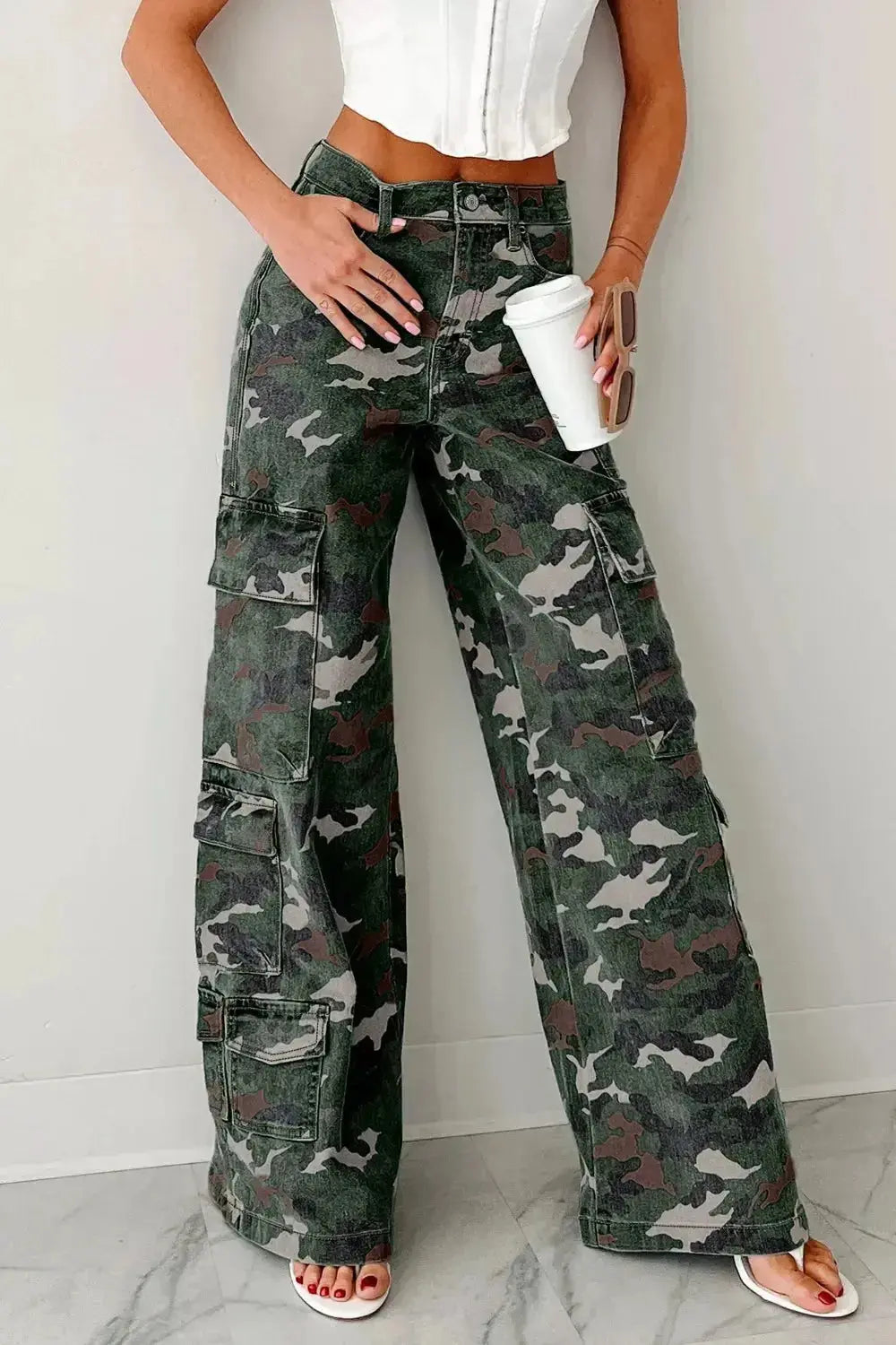 Camo Print High Waist Cargo Pants - DaisyDrop 
