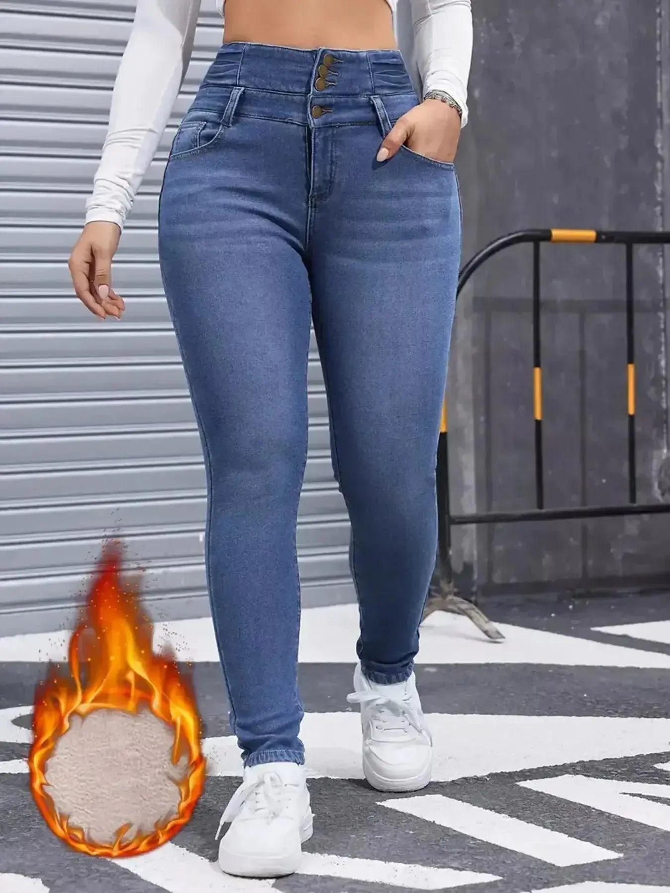 High-Waisted Slim Fit Fleece-Lined Jeans - DaisyDrop 
