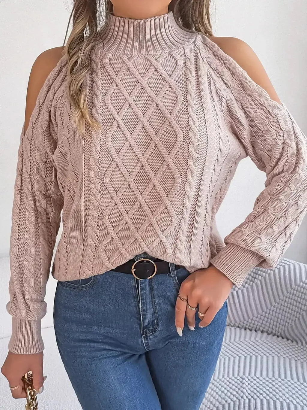 Cable Knit Cold Shoulder Turtleneck Sweater - DaisyDrop 
