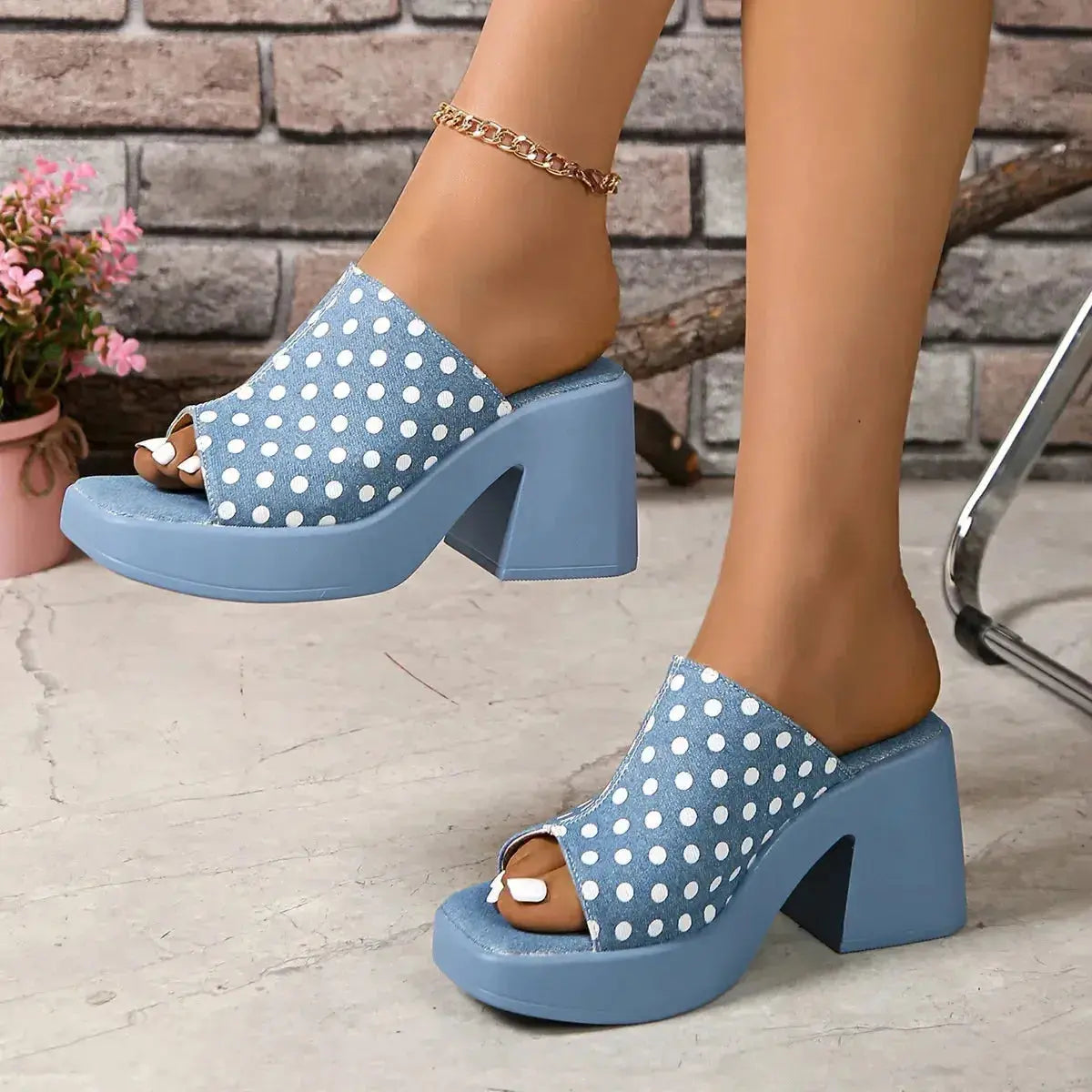 Polka Dot Block Heels Sandals - DaisyDrop 