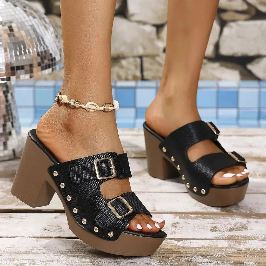 Buckle Block Heels Sandals - DaisyDrop 