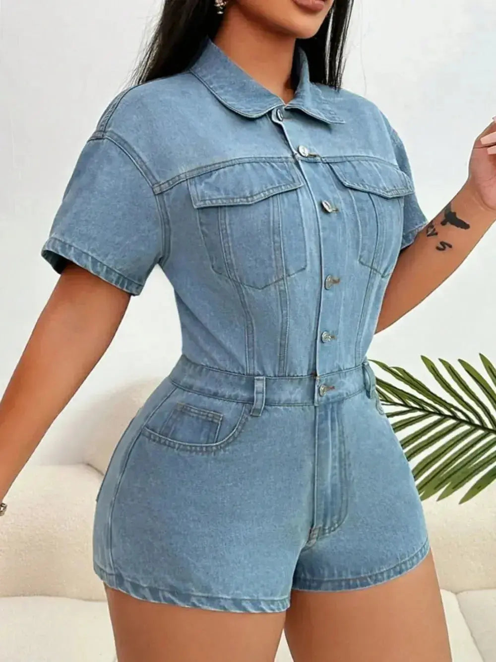 Collared Neck Short Sleeve Denim Romper - DaisyDrop 