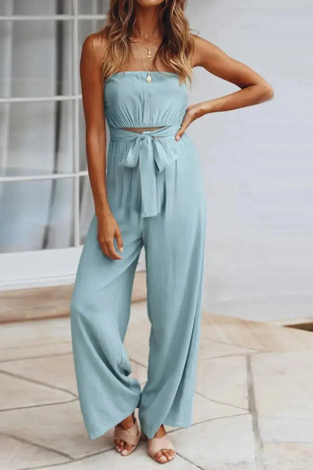 Tied Cutout Tube Wide Leg Jumpsuit - DaisyDrop 