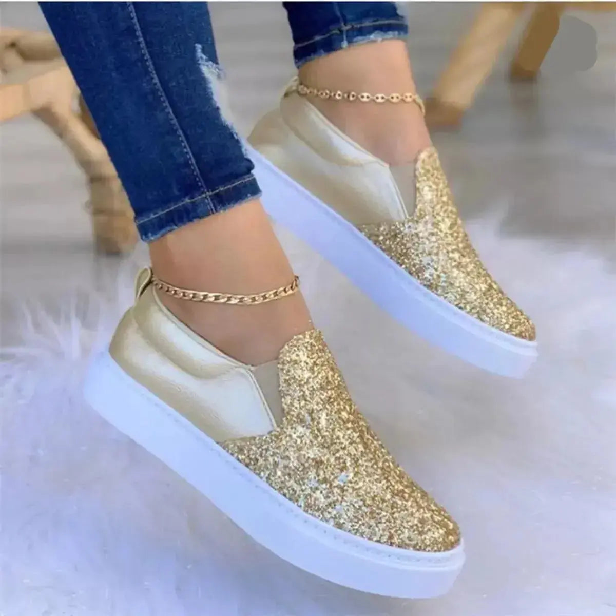 Sequin Round Toe Platform Slip-Ons - DaisyDrop 