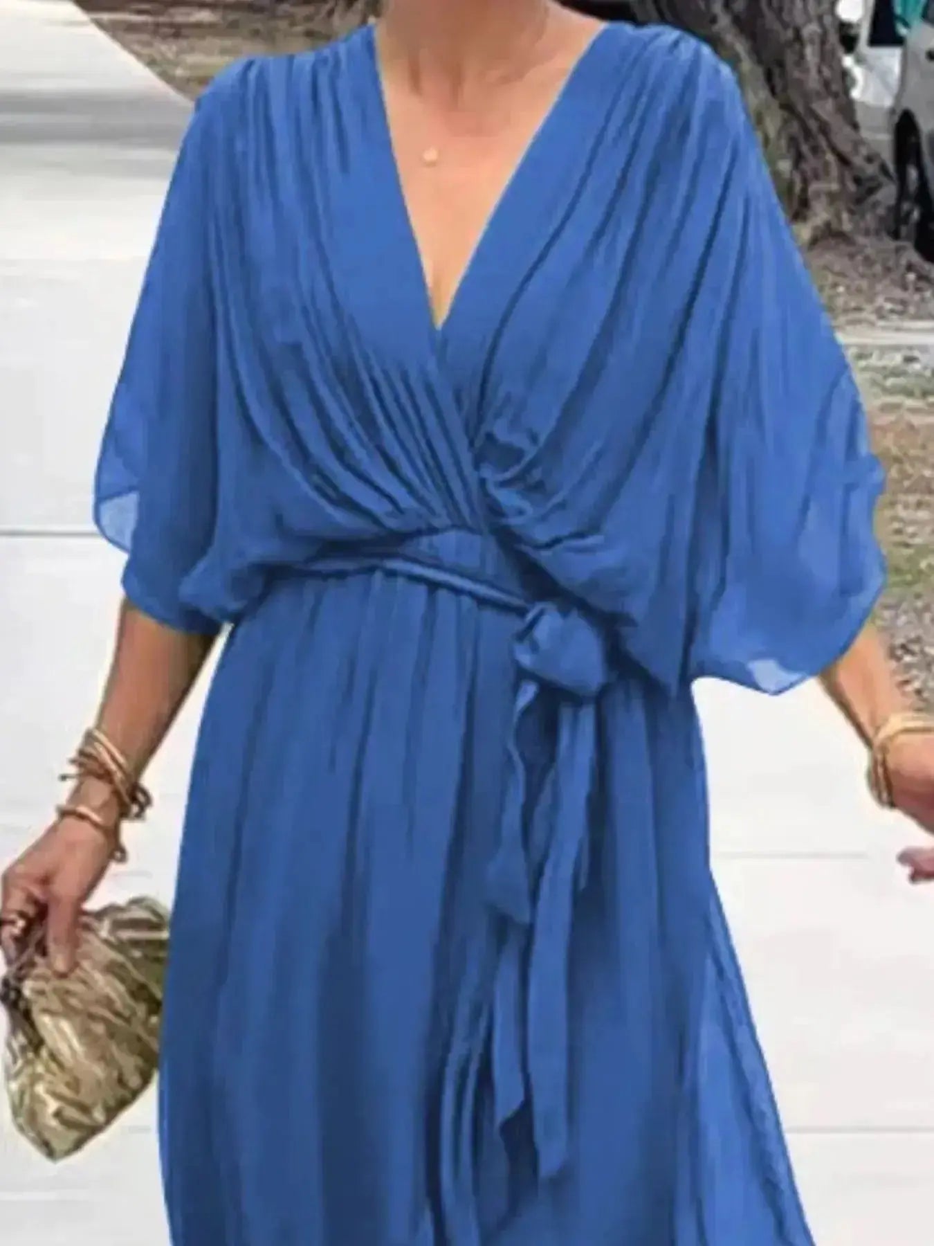 Full Size Flowy Tie Front Midi Dress with Flutter Sleeves Plus Size - DaisyDrop 